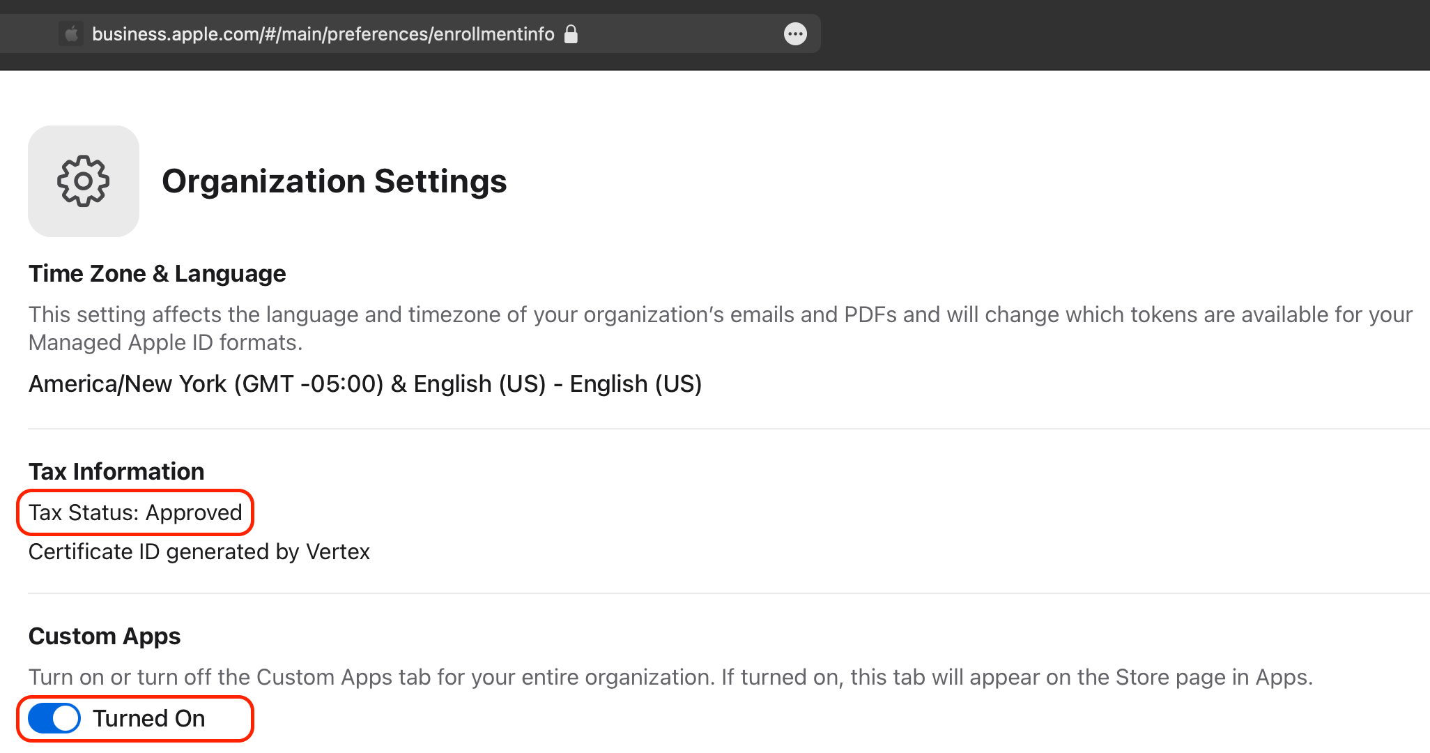 Apple Business Essentials Organization Settings page showcasing tax status and custom apps settings