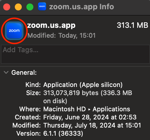 zoom.us Finder Get Info panel